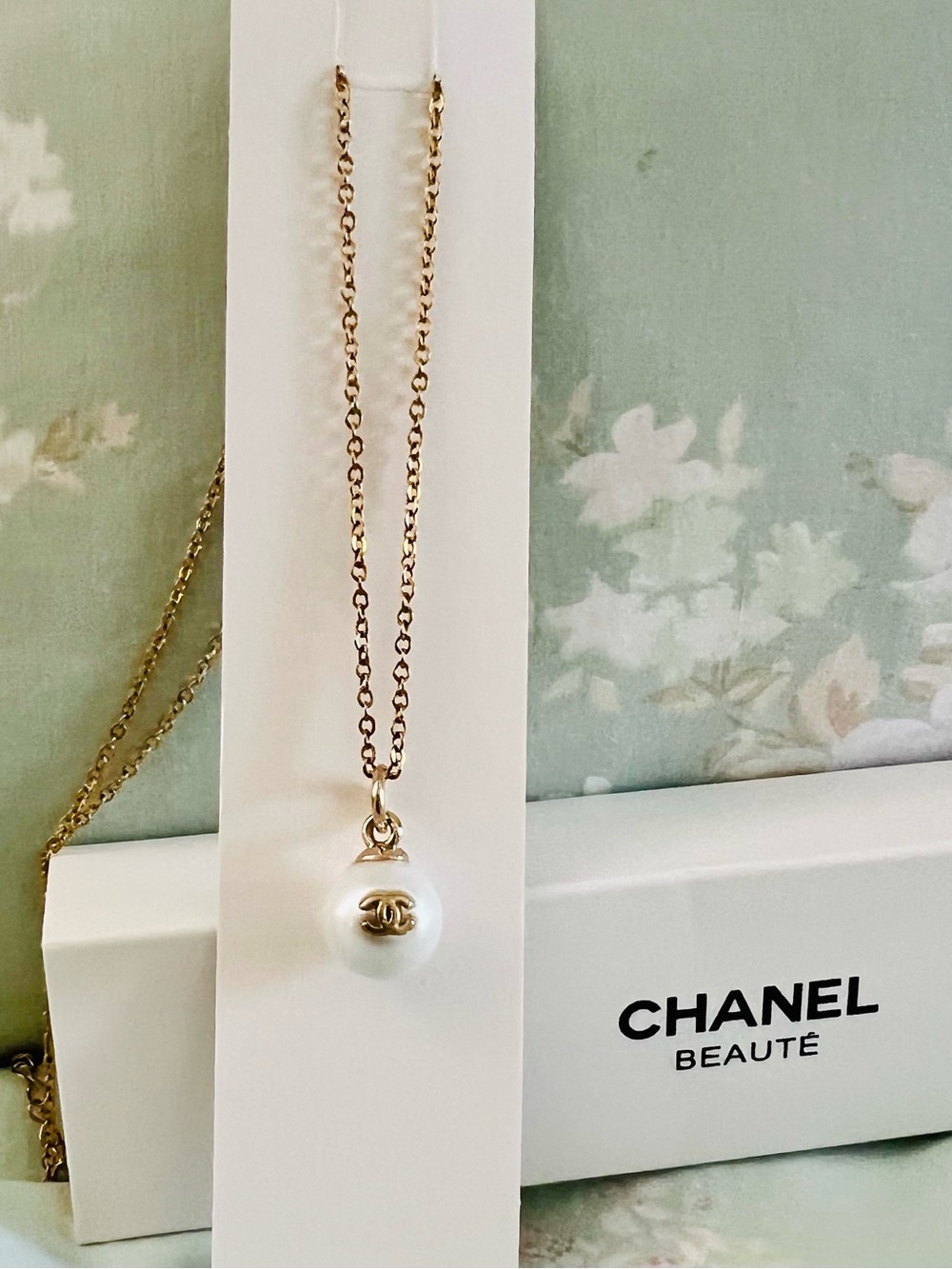 Gold and White Pearl CC Drop Fashion Necklace w/Box
